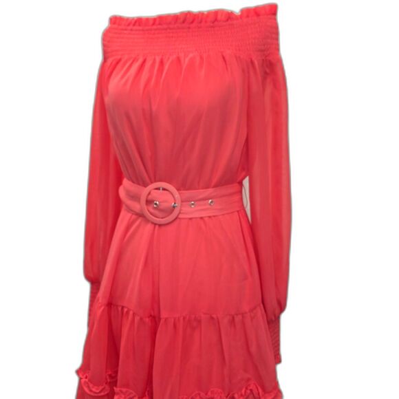 BCBGeneration Off the Shoulder Belted Ruffle Mini Dress - Coral (Size 2) - Picture 4 of 8